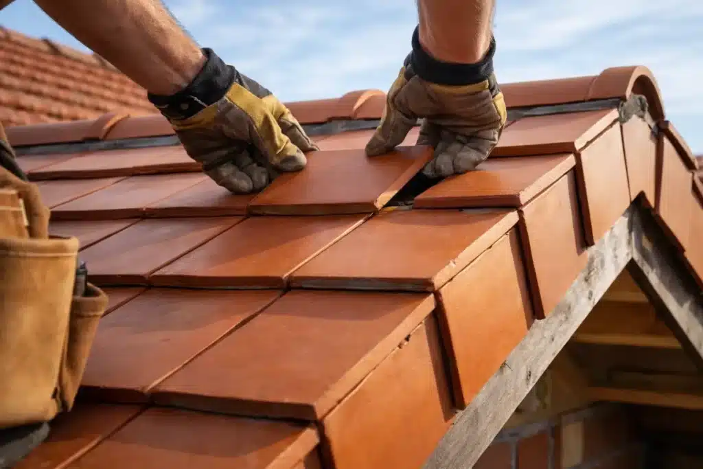 roof maintenance worker replacing damaged roof tiles during inspection