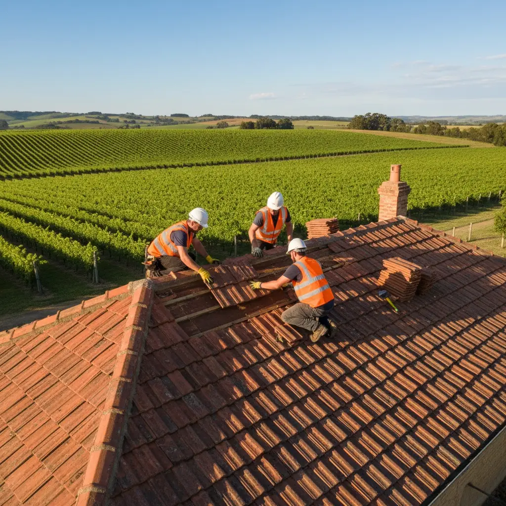 Professional roofers repairing and restoring a tiled roof on a residential home