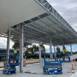 Underneath shot of construction of new roof for Liberty Service Station (Landsdale)