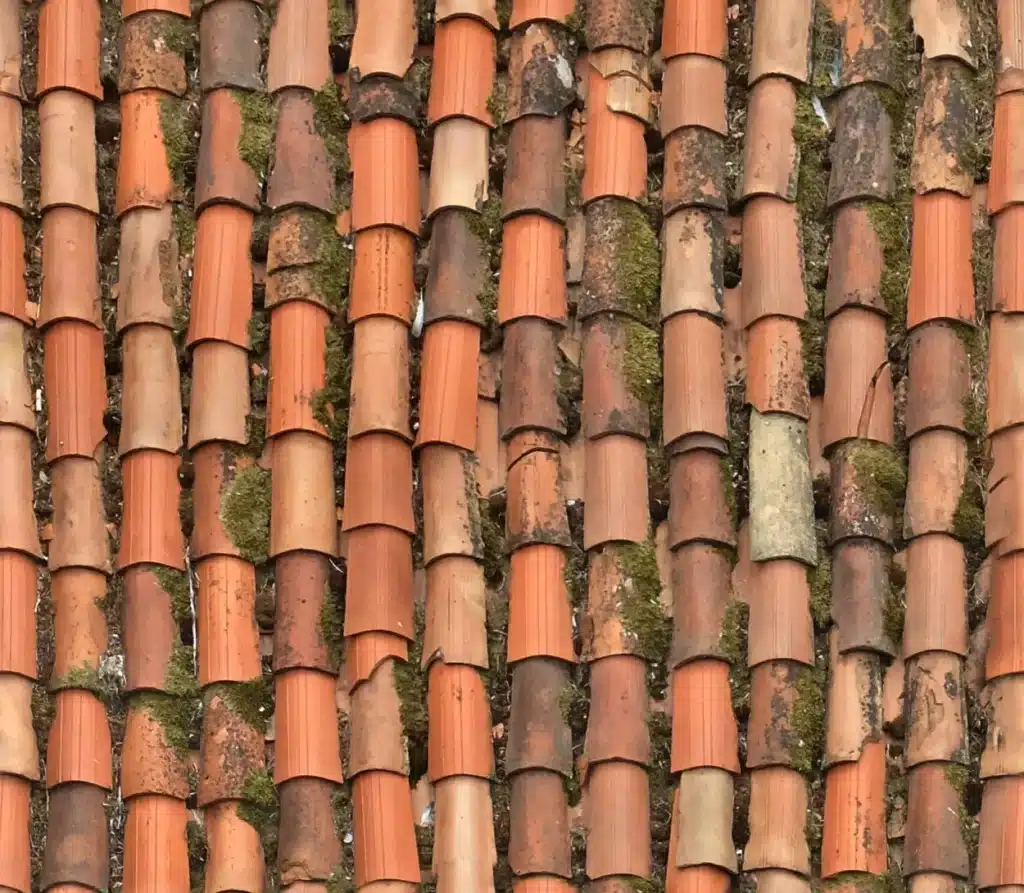 Weathered terracotta roof tiles with moss growth and visible ageing on a residential roof
