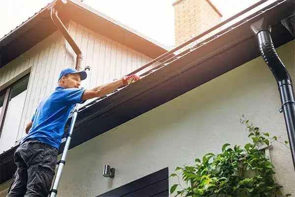 Man cleaning roof gutters with ladder on residential home in Perth highlighting need for gutter guard installation