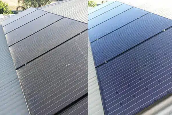 Before and after comparison of solar panel cleaning showing dirt buildup on one side and clean, efficient panels on a Perth rooftop
