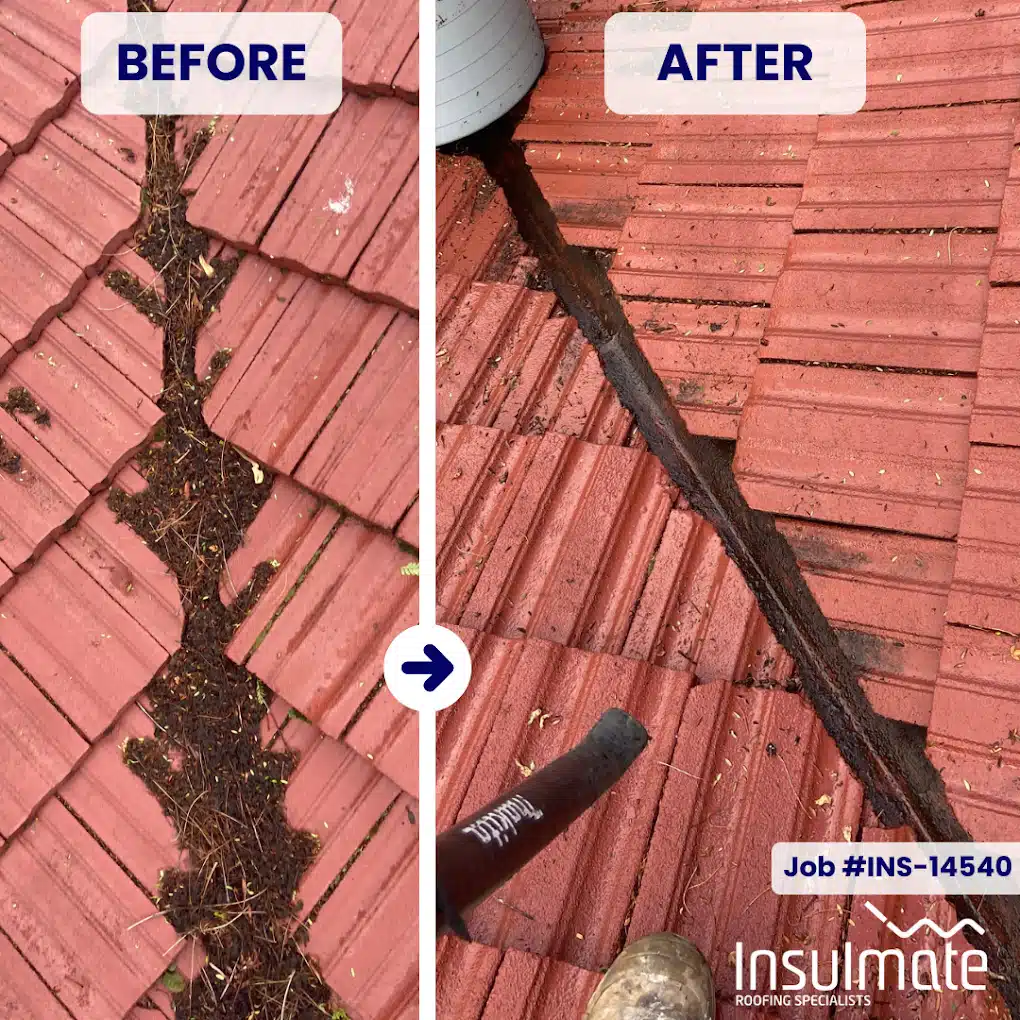 Before and after roof valley cleaning showing removed debris and improved water flow.