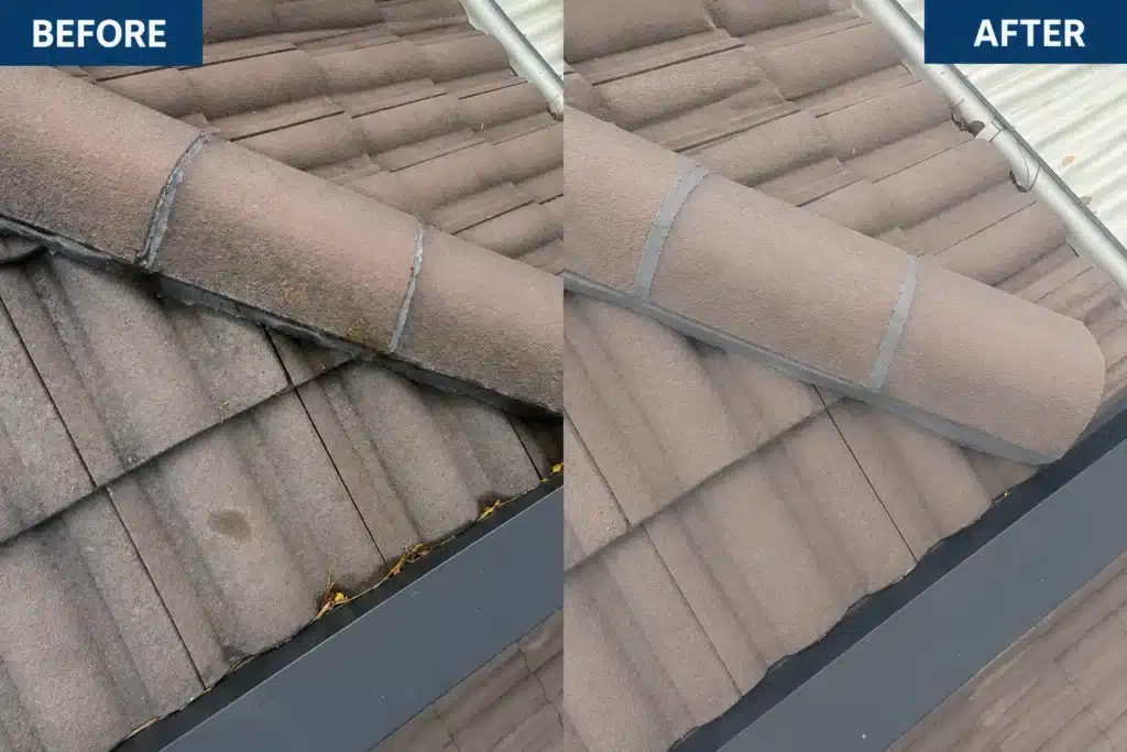 Before and after roof leak repair showing repaired ridge capping on a tiled roof.