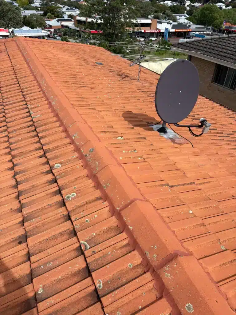 Terracotta tiled roof in Perth showing ridge capping with red pointing mortar along the roof ridge